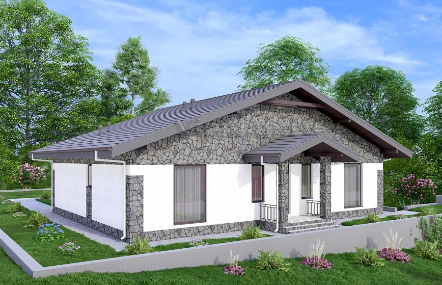 Одноэтажный дом с террасой, крыльцом и четырьмя спальнями